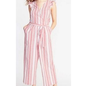 Striped Pink & White Sleeveless Tie-Waist Jumpsuit